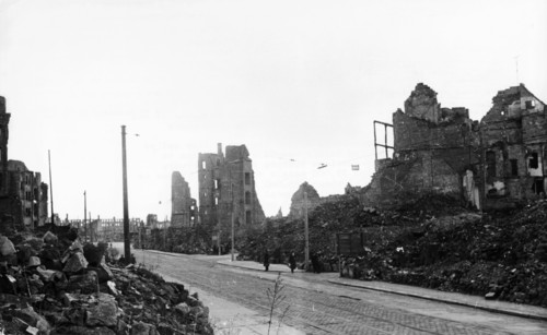 Ernst-thalmann strasse in dresden, germany in 1949 - four years after the city was destroyed by anglo-american bombing at the end of world war 2.