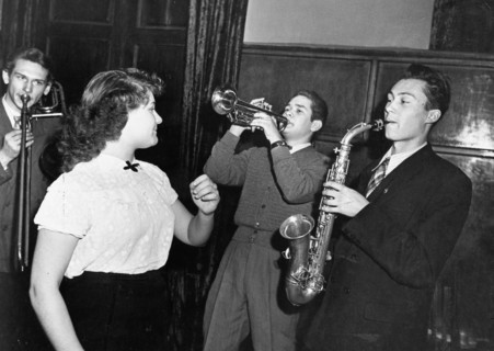 Sixth world festival of youth and students in moscow, july 1957, many orchestras and musical groups of various countries furnished almost continuous performances, a soviet student jazz band preparing ...