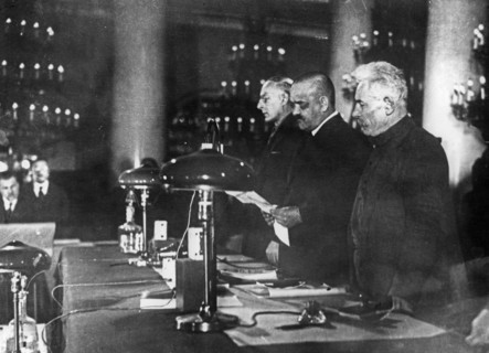 Nikolai shvernik reading the sentence handed down by the supreme court at a trial of menshevik counter-revolutionaries in moscow, 1931.