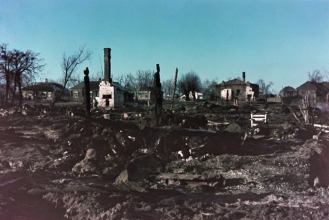 World war 2, photo taken by german soldier somewhere in occupied belorussia,  ruined homes.