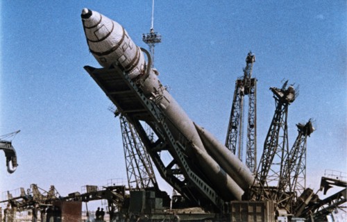 Vostok 1 rocket being prepared for launch, 1961.