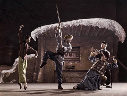 A scene from the revolutionary ballet called 'white haired girl' or 'girl with white hair', 1966, the local despot and traitor huang shih-jen and his running dog break into the house of a poor peasant...