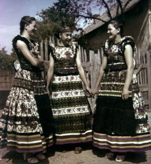 Women in traditional folk costumes of mezokovesd, hungary, 1950s.