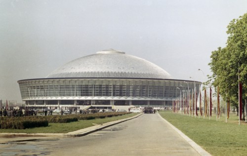 The central pavillion of the national economic exhibion soon after it was built in the early 1960s (1962?), bucharest, romania.