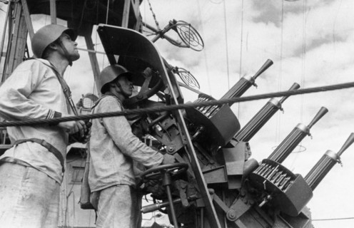 The black sea fleet, the crew of a soviet ship's anti-aircraft installation repulsing enemy planes, october 1942.