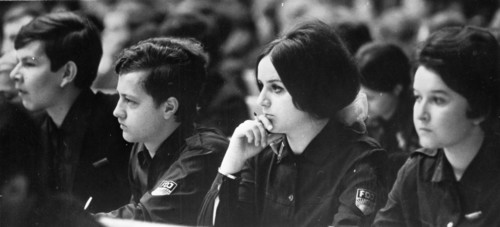 Conference of the best apprentices of the gdr in which opinions were exchanged with members of the various branches of the free german trade unions regarding new problems of modern voational training,...