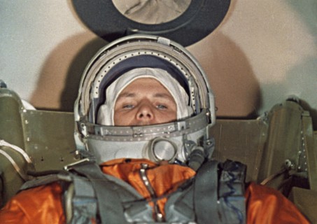 Cosmonaut yuri gagarin inside the vostok 1 space capsule just prior to his flight, 1961.