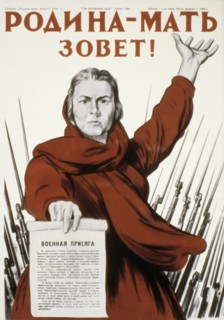 The motherland is calling, a soviet world war 2 era patriotic poster with mother russia holding a copy of the red army soldies' pledge.