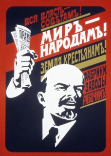 Soviet propaganda poster from the 1920s, 'all power to the soviets! peace to the people! land to the peasants! factories and mills to the workers!'.