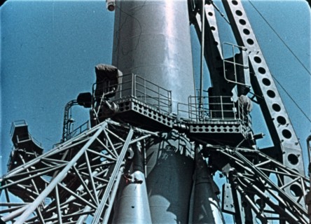 Vostok 1 rocket being prepared for launch, 1961, this is a still from a soviet film of the launch.