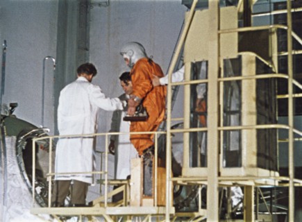 Soviet cosmonaut yuri gagarin boarding vostok 1 rocket in 1961, this is a still from a soviet film about the space program.