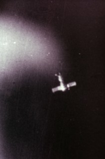 Soyuz 4 in flight seen from soyuz 5, 1969.