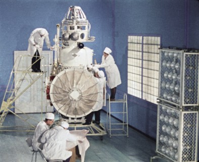 Soviet space probe venera 5 or 6 being prepared for it's launch in january 1969, this is a still from the film 'the storming of venus', produced by e, kuzis at the tsentrnauchfilm central scientific f...