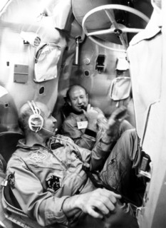 July 9, 1974, yuri gagarin spacemen's training centre, alexei leonov, commander of the first soyuz crew (right), thomas stafford, commander of the apollo flight crew, training in a mock-up soyuz space...