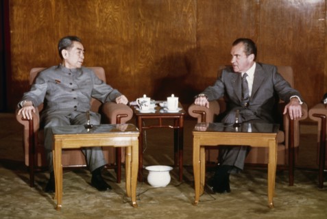 American president richard m, nixon meeting with chou en-lai in beijing, china, 1972.
