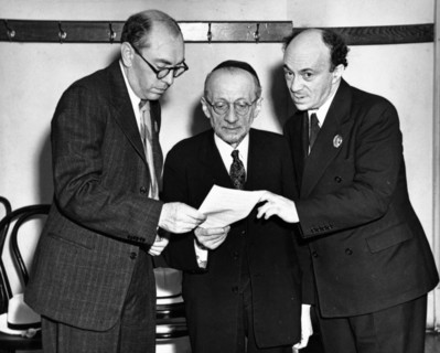 (left to right) poet itzik feffer, rabbi ashinsky, and professor solomon mikhoels at carnegie music hall in pittsburgh during their fund-raising trip to the united states in 1943 for the jewish anti-f...