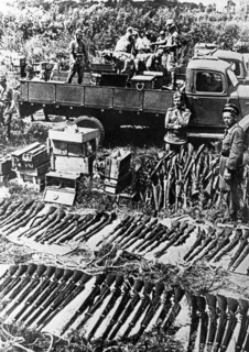 World war 2, far eastern front (manchuria), red army soldiers with captured japanese arms and supplies, 1945.
