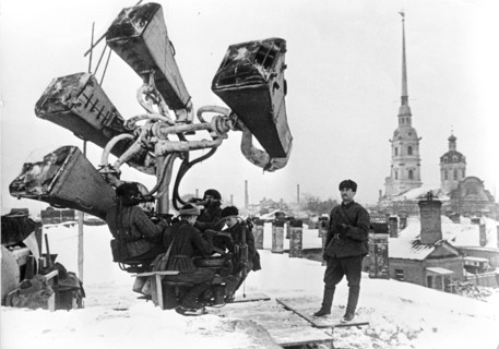 The anti-aircraft lights of a civil defence post in in the besieged leningrad in 1942.