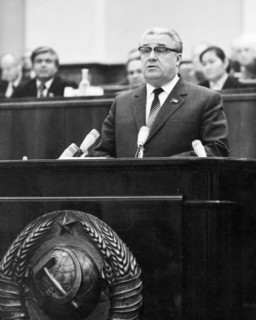 Vitaly v, fedorchuk, chairman of the state security committee of the ussr(kgb), speaking at the final sitting of the ussr supreme soviet of the 10th convocation, november 24, 1982.