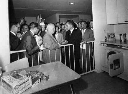 The kitchen debate, vice-president richard nixon and nikita khrushchev during the tour of the american exhibition in sokolniki park in moscow, ussr, 1959, brezhnev is on the far right.