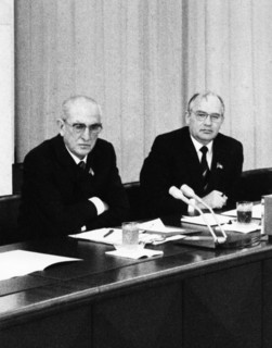 Yuri andropov and mikhail gorbachev during a meeting with party veterans in the cpsu central committee on august 15, 1983.
