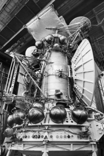 A working model of the venera 15 and 16 soviet space probes in the building in which testing was being done, 1983.
