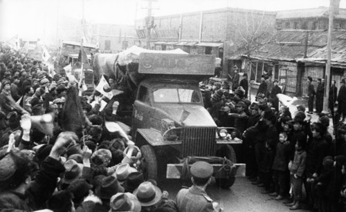 World war 2, far eastern front, the local population seeing off red army troops, 1945.