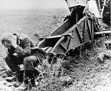 An exhausted nazi gunner taken prisoner in the battle at the kursk bulge which crippled hitler's army who never recovered, summer 1943.