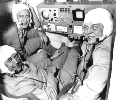 Soviet cosmonauts georgy dobrovolsk (rear), viktor patsayev (left), and vladislav volkov in the cabin of the soyuz 11 space craft, all three died on this mission in 1971.