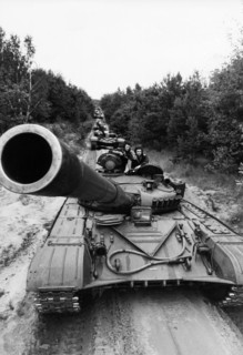 A column of a soviet t-72 m1 tank unit stationed in the cis-carpathian military district, may 1988.