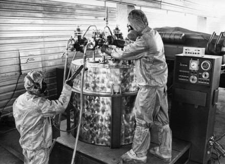 Technicians in protective suits operating a mobile chemical agents destruction unit at soviet military base of shikhany, saratov region, ussr, october 4th 1987, diplomats and military experts from 45 ...