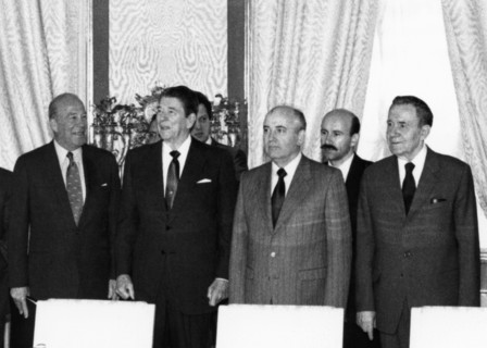 Mkhail gorbachev and ronald reagan at the time of their talks on june 1, 1988 in moscow, (detail).