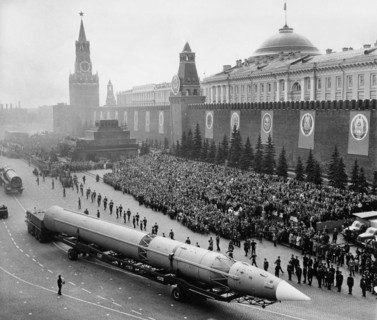 Nato-designated scrag (liquid fueled 3 stage icbm) ballistic missiles during a military parade in red square, moscow, ussr, 1960s.