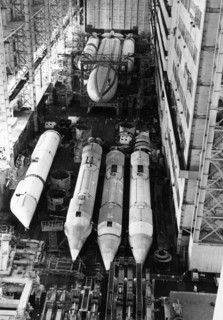 The rocket-carrier 'energia' in the assembly and fuelling shop of the baikonur cosmodrome during the final preparations for the launch of the multi-purpose space transportation system, november 1988.