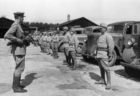 Operation august storm (battle of manchuria), a japanese transport column surrendering to soviet troops in harbin, manchuria, august 1945.