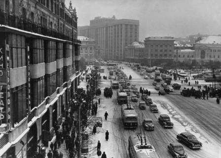 Theatre avenue, moscow, ussr, january 1957, winter.