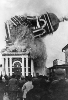 Belfry of the christmas church (russian orthodox) in city of murom, ussr, is blown up by the soviet authorities in 1929, anti-religion policy.