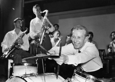 During a rehearsal of the light orchestra, the eighth hour, steel worker gennady chernushkin is the orchestra's star drummer, moscow, october 1957.