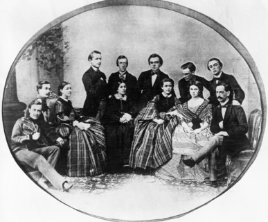 Pyotr tchaikovsky (standing, far left) with his friends, 1860, russia.