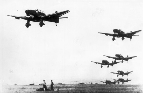 World war 2, german junker ju-87 dive bombers (stukas) taking off from an airfield in the soviet union, 1941.