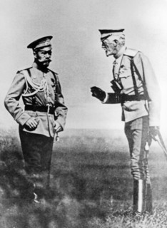Emperor nicholas ll with the grand duke nikolay nikolayevich (junior) during maneuvers at tsarskoye selo in 1913.