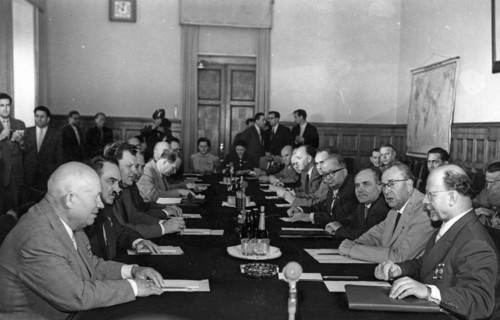 Nikita khrushchev and walter ulbricht at the kremlin during a meeting between the leaders of the ussr communist party and government and the members of the gdr party-government delegation, june 9, 195...