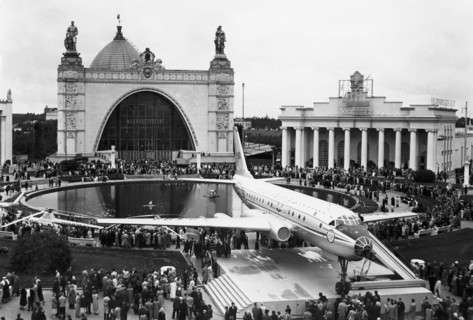 A aeroflot tupelev jet airliner on display in front of the central hall of the ussr economic achievements exhibition in moscow ussr june 1959.
