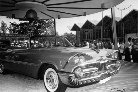 An ameriacan made chrysler automobile on display at the american national exhibition in moscow, ussr, august 1959.