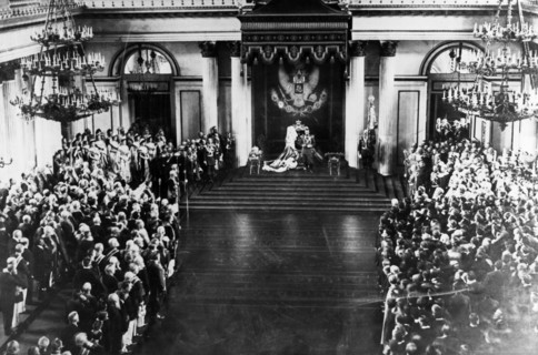Tsar nicholas ll during the throne speech at the ceremonial opening of the state council and the state duma in the imperial winter palace on april 27,1906.