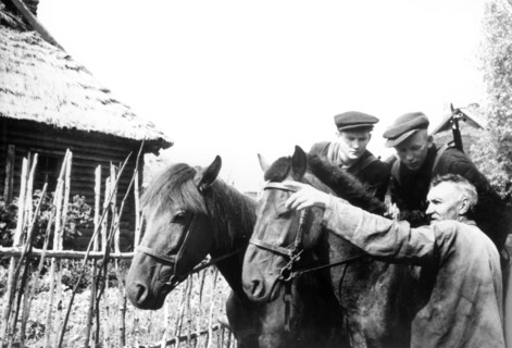 A peasant shows partisans where a nazi patrol made for in leningrad region.