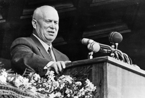 Nikita khrushchev, first secretary of the cpsu central committee, speaking at a large meeting of workers in baku, azerbaijan ssr in 1960.