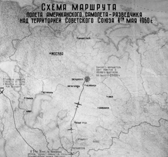 Map showing flight path of american u2 spy plane shot down over soviet territory on may 1, 1960.