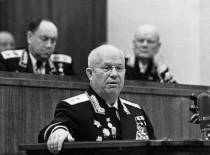 Nikita khrushchev, first secretary of the cpsu central committee and chairman of the ussr council of ministers, speaking at a meeting at the grand kremlin palace in honor of the 20th anniversary of th...