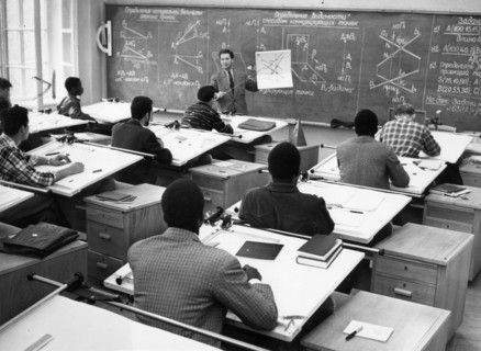 The peoples' friendship university in moscow, founded in 1960 and renamed the patrice lumumba university in 1961, an engineering class, october 1961.